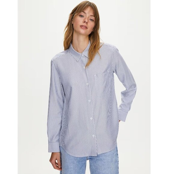 Aritzia Sunday Best Montana Striped White/Navy Button Down Shirt Size Small - Picture 1 of 9